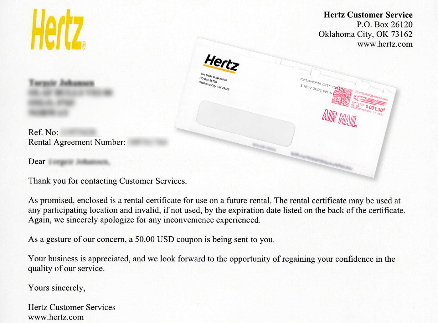 Hertz rental certificate for future rental.
