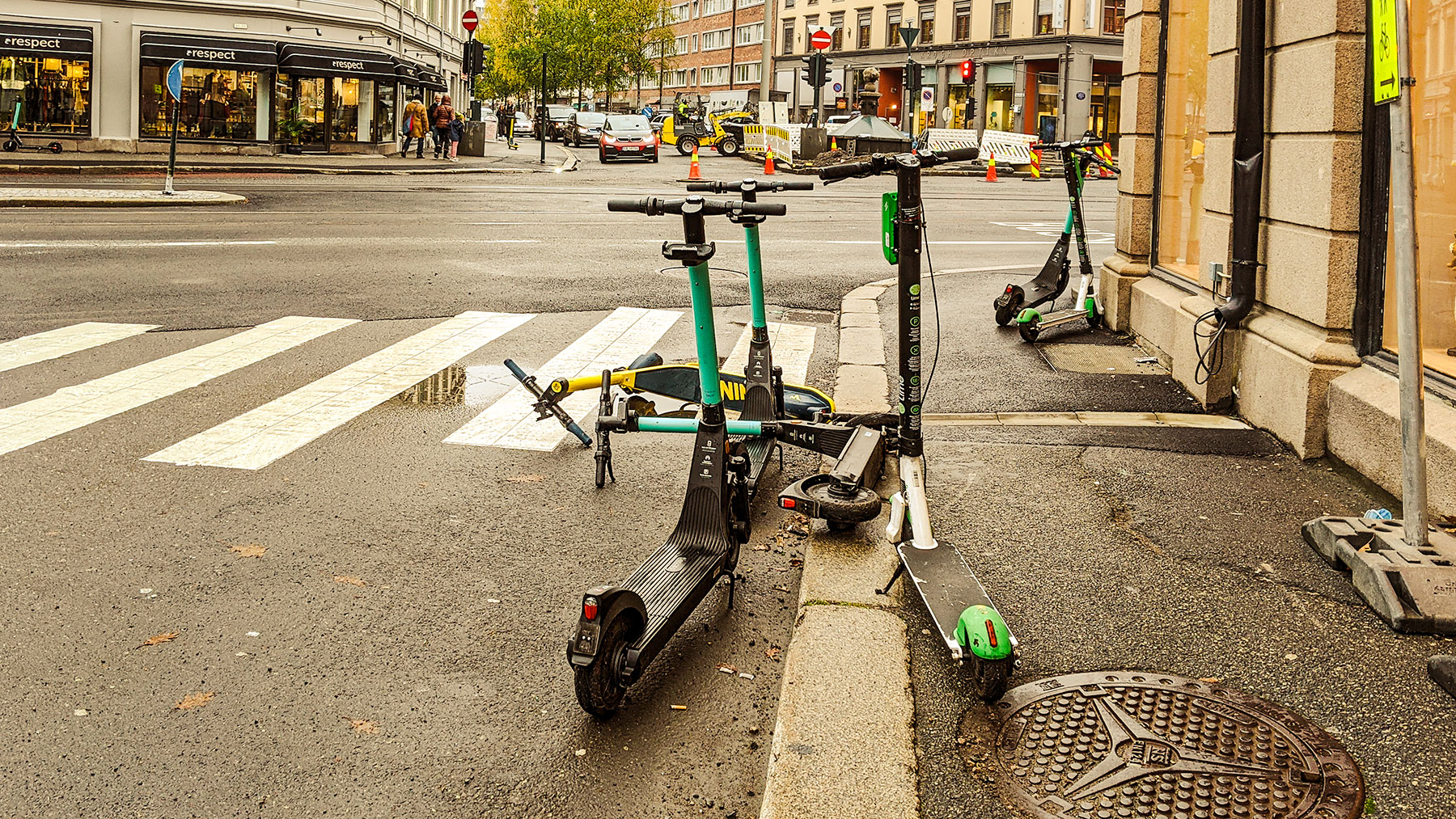 E Scooters blocking sidewalk Majorstuen Oslo October 2020
