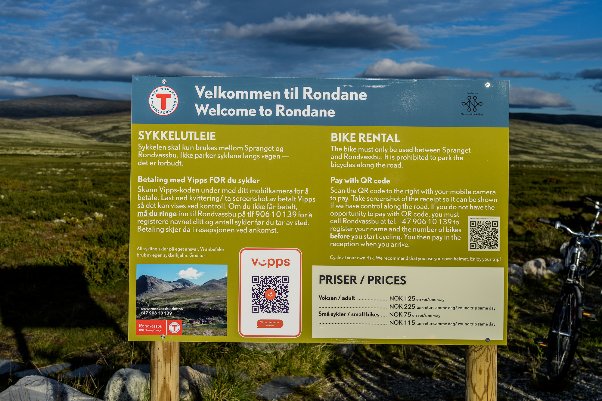 Bike rental information sign at Spranget, Mysuseter, Rondane, Norway. July 2022.